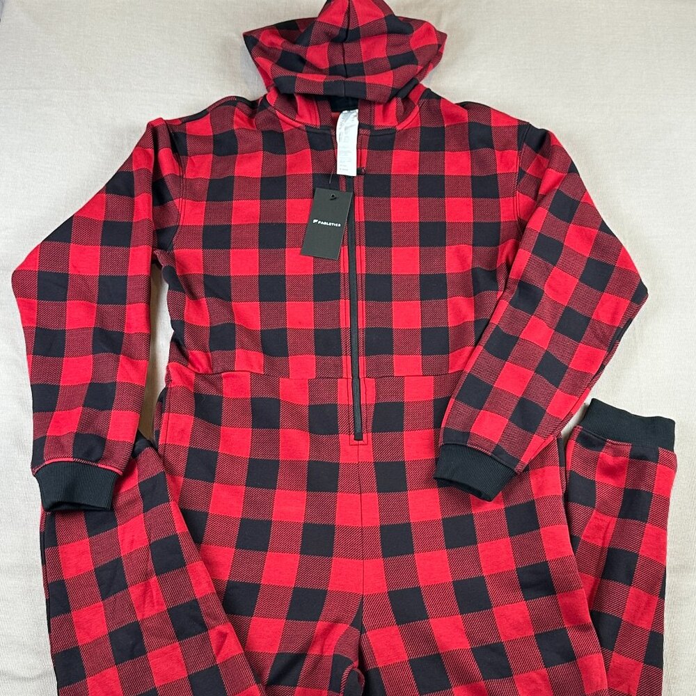 FABLETICS The Go To Fleece Hooded One Piece | Holly Berry Buffalo Pine | S Small